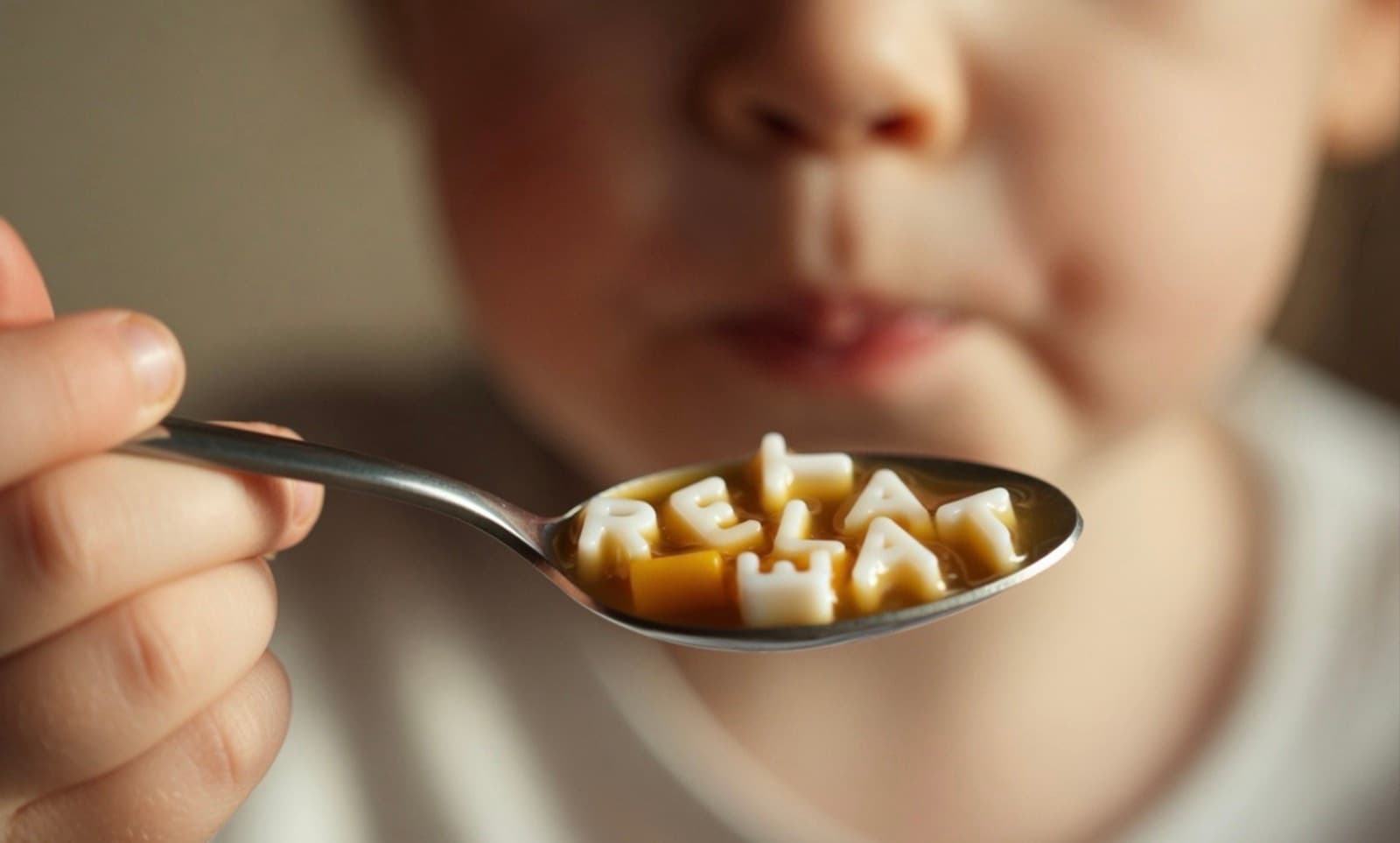 Una criatura a qui donen a menjar amb cullera una sopa de lletres que forma la paraula «RELAT».